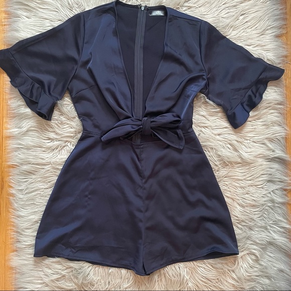 Navy Front Tie Misguided Romper - Picture 2 of 7
